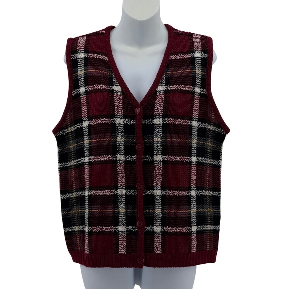 Cabin Creek Plaid Sweater Vest Womens Medium Burgundy Knit V-Neck Button Front